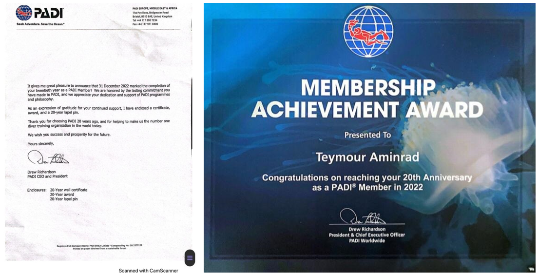 پیام  تبریک رئیس  انجمن مربیان حرفه ای غواصی  به مناسبت بیستمین سال عضویت دکتر تیمور امین راد